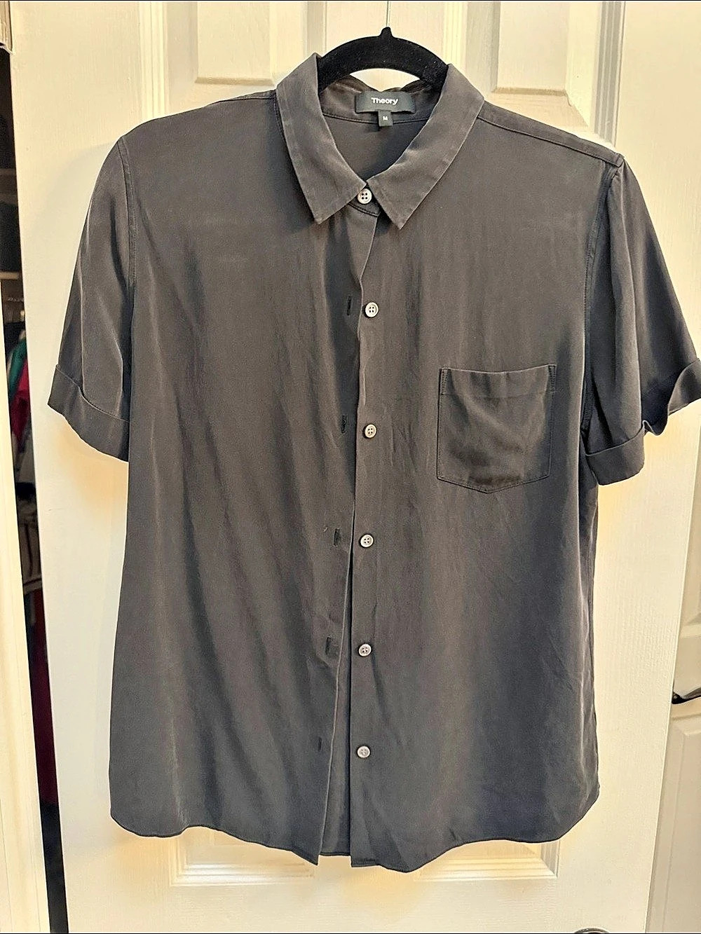 Theory short sleeve Shirt in Silk Georgette Button Down Black Medium Womens